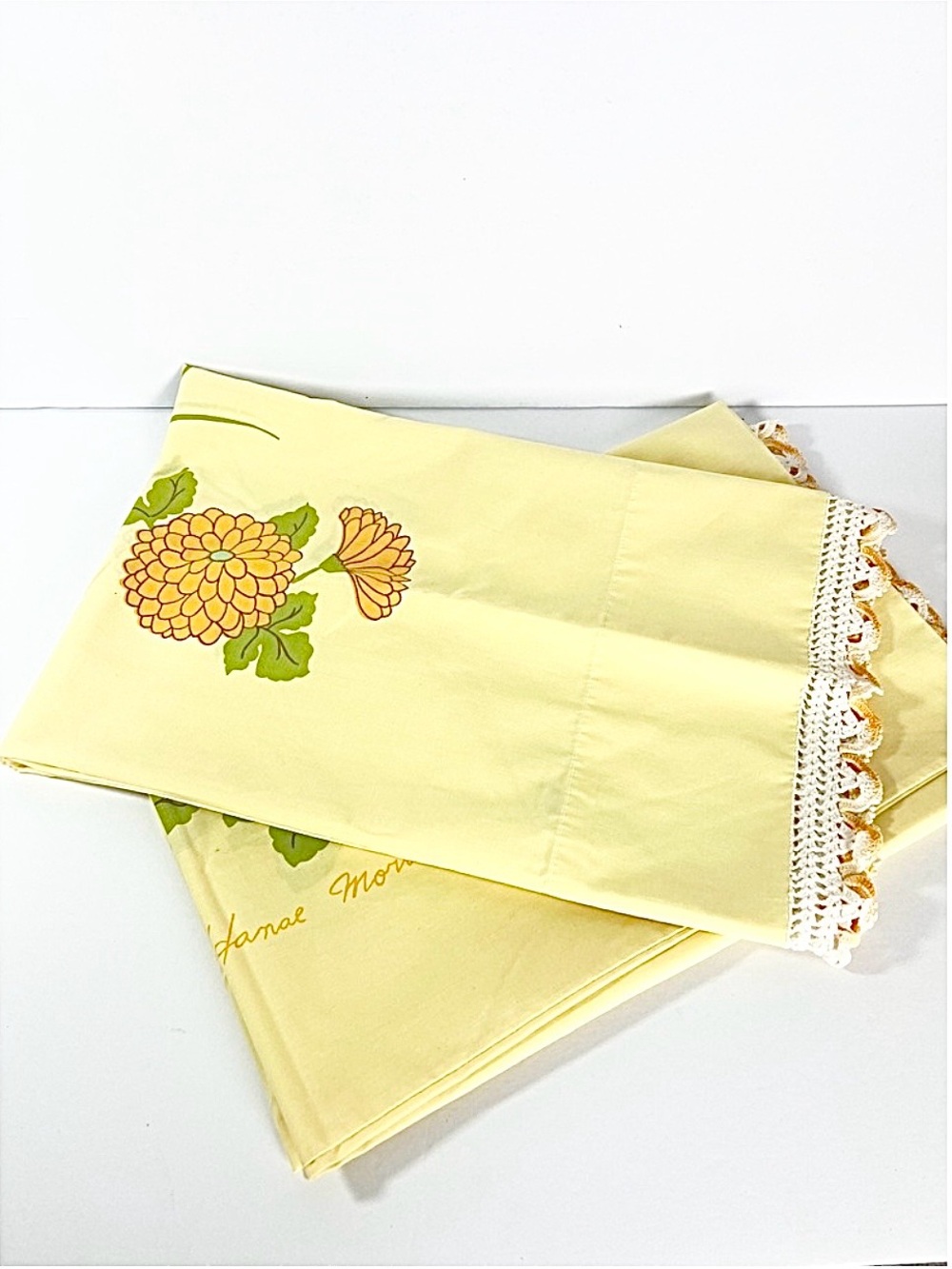 Vintage Martex Hanae Mori Yellow & Orange Flower Pillowcases crochet edges added